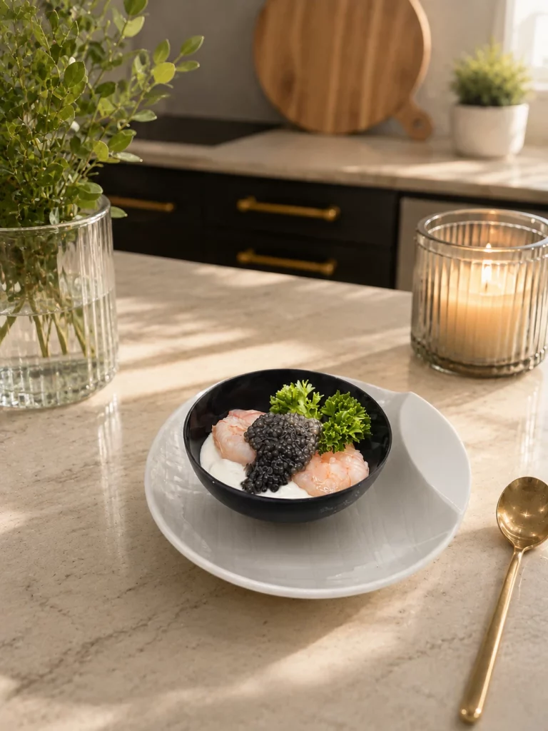 Kaviarfrühstück - Crème fraîche-Bowl mit Kaviar, Crème fraîche und Cocktailkrevetten