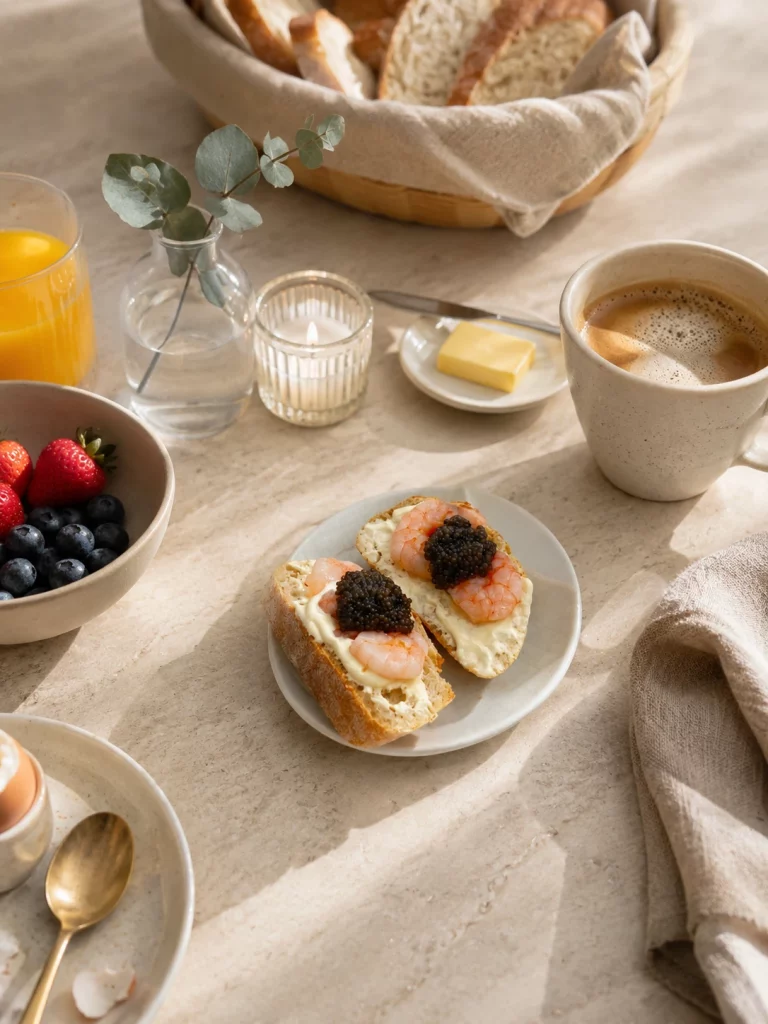Knuspriges Brot mit Cocktailkrevetten, Crème fraîche und Kaviar