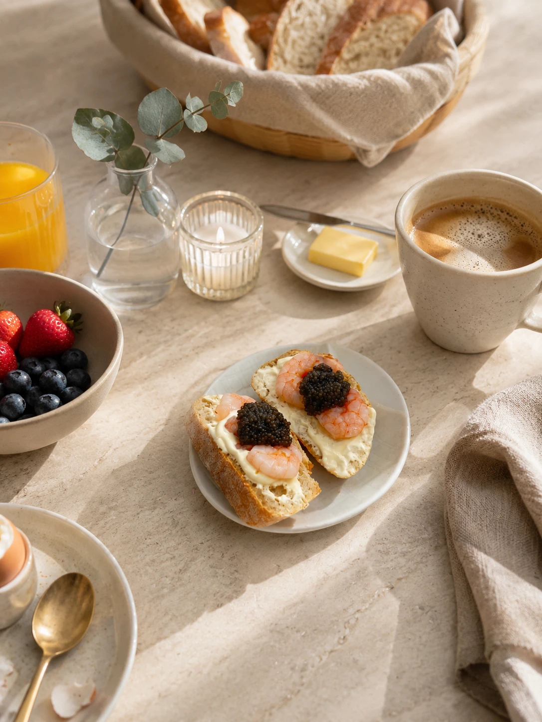 Knuspriges Brot mit Cocktailkrevetten, Crème fraîche und Kaviar