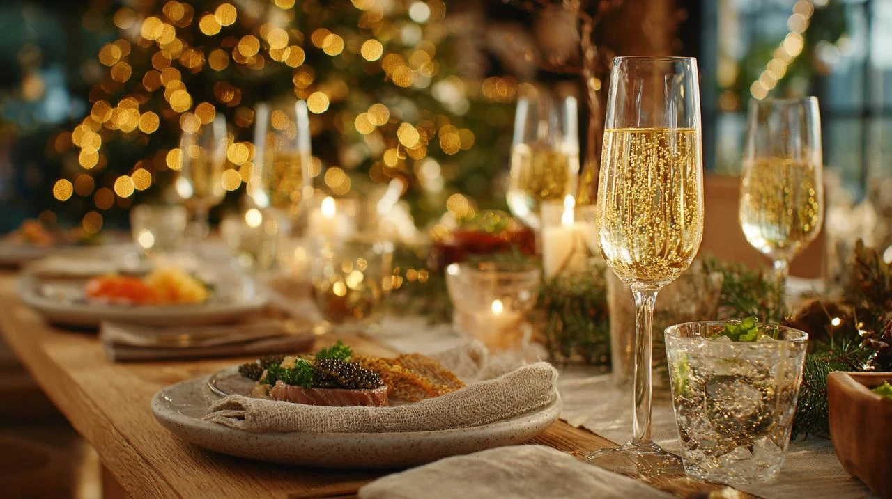Champagner mit Brot und Kaviar, festliche Dekoration im Hintergrund