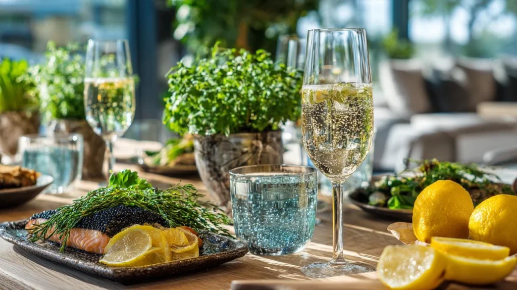 Kaviar mit Lachs, Glas prickelnde Limonade und Glas Wasser